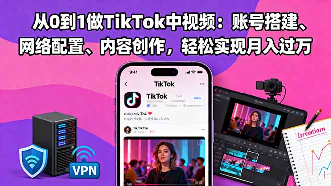 从0到1做TikTok中视频:账号搭建、网络配置、内容创作,轻松实现月入过万-摇钱树